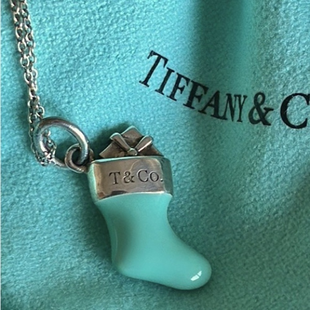 Vintage Tiffany & Co Sterling Enamel Christmas Stocking on 16” Tiffany Chain.